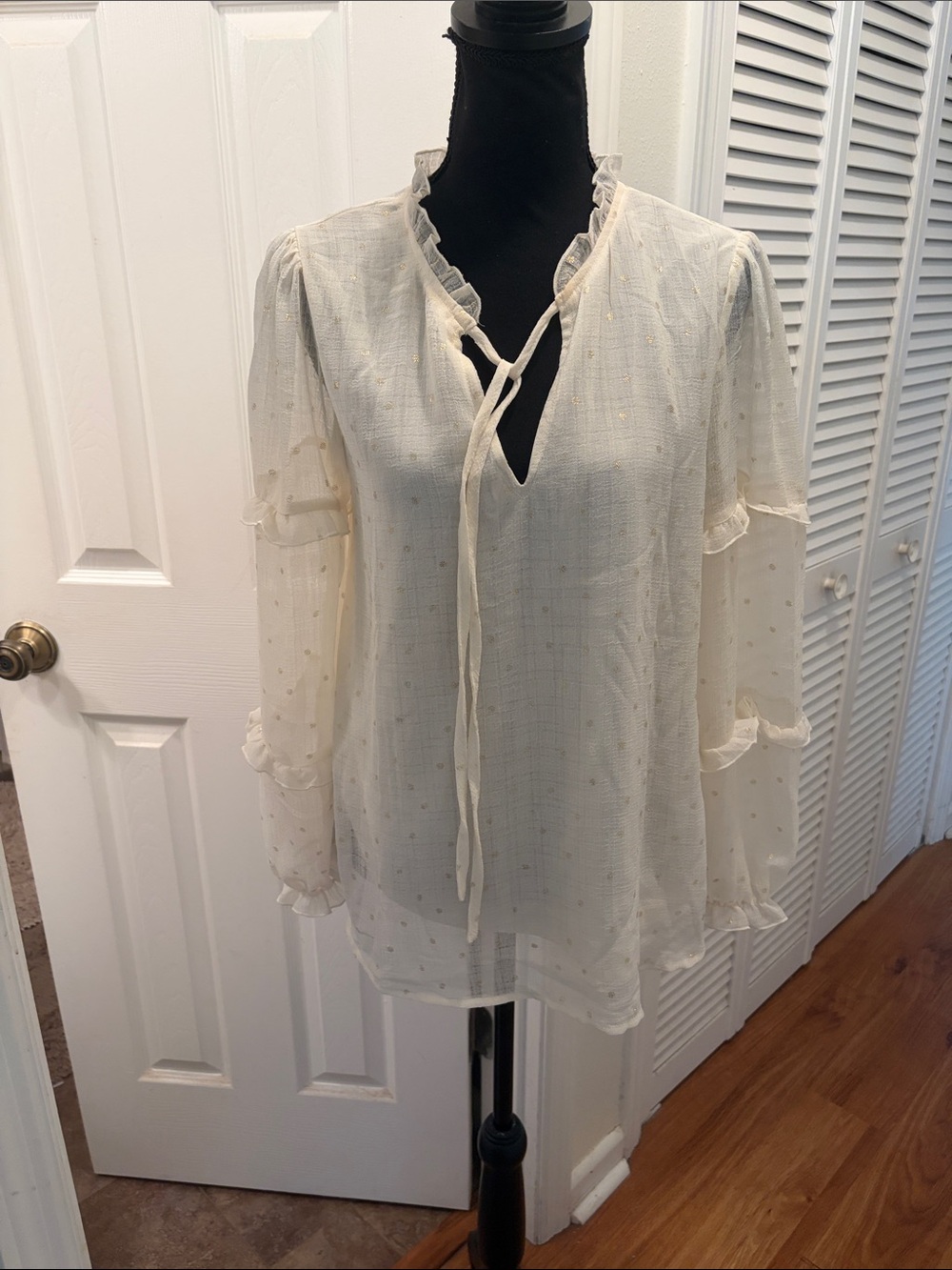 Blu Pepper Cream Ruffled Tie-Neck Blouse